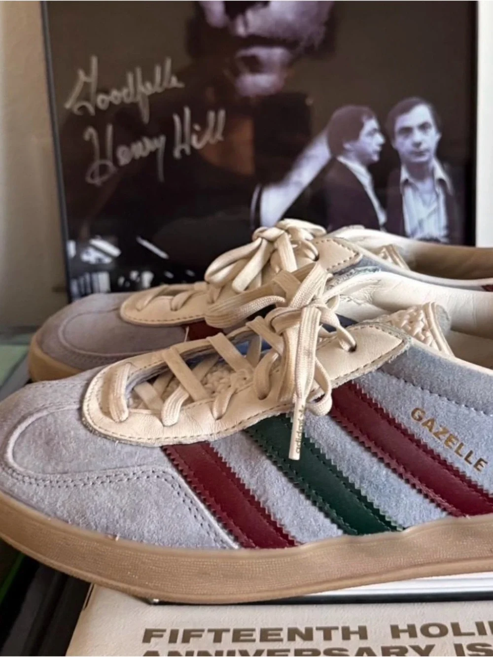 adidas Gazelle Men’s Sneakers in Light Gray with Green and Burgundy Stripes